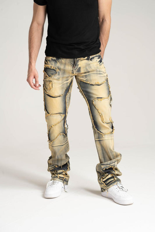 PREMIUM QUALITY STACK JEANS WITH MULTIPLE CONTINUOUS RIP/REPAIR