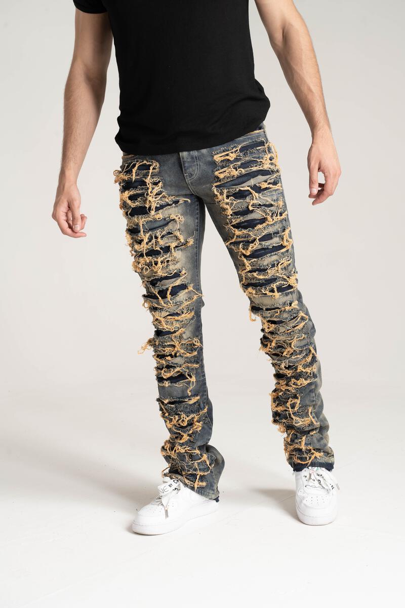 PREMIUM QUALITY STACK JEANS WITH MULTI RIP/REPAIR