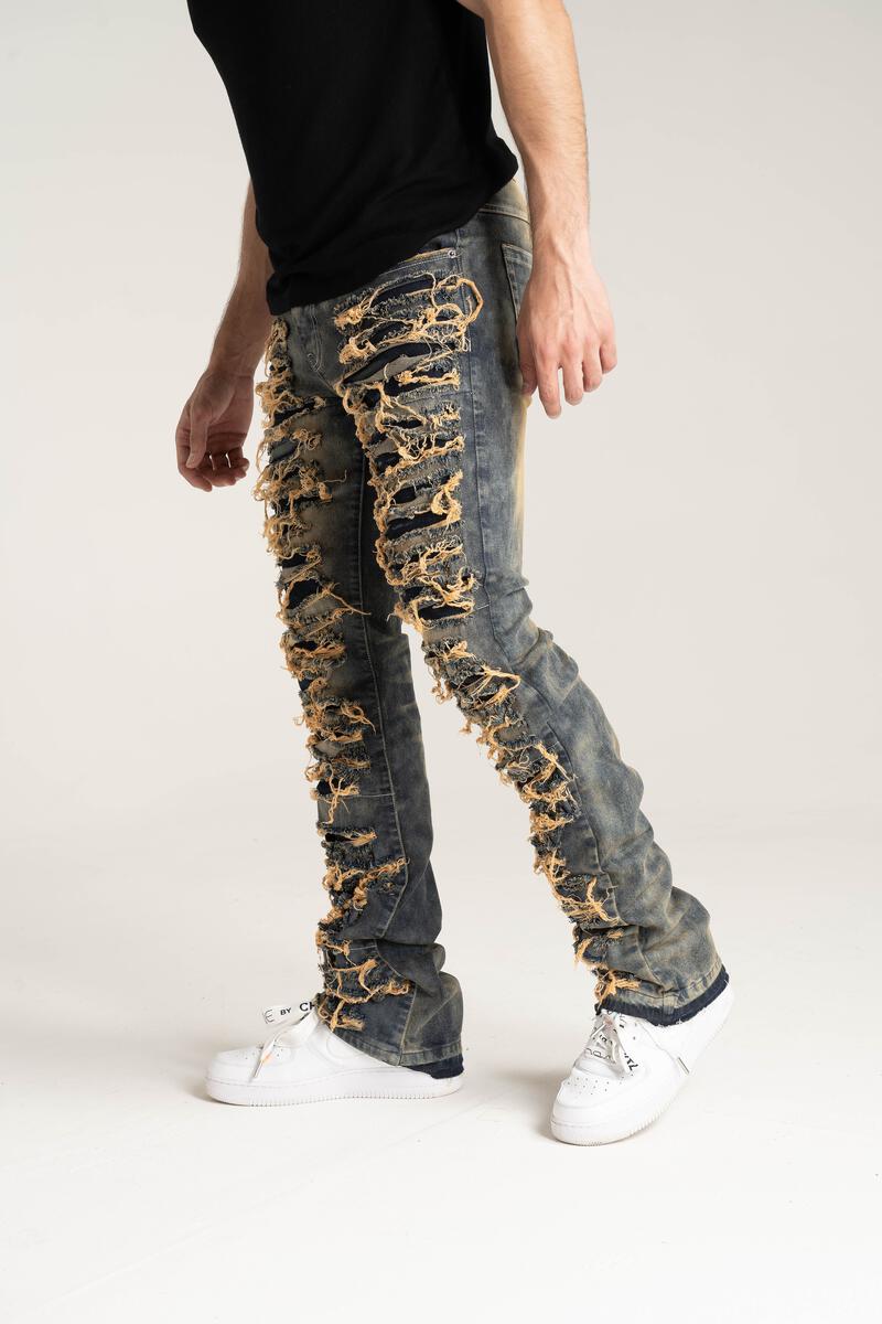 PREMIUM QUALITY STACK JEANS WITH MULTI RIP/REPAIR