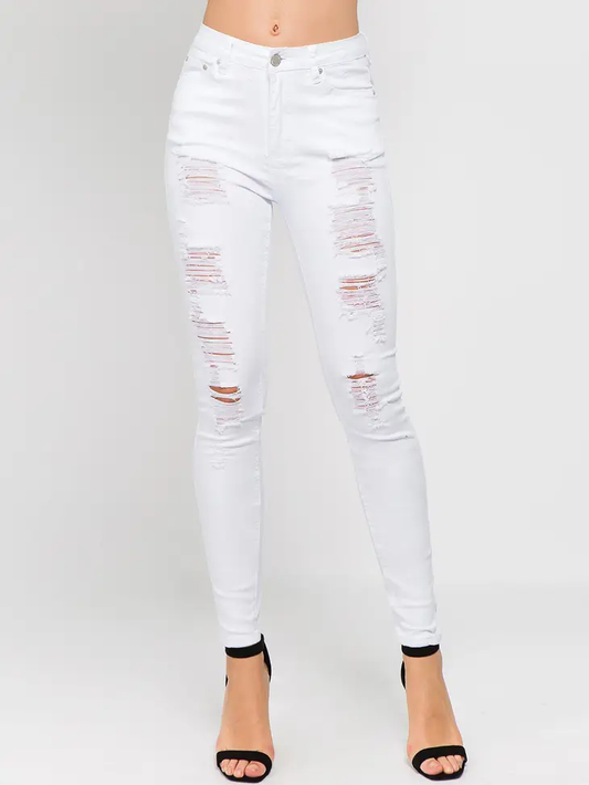 Plus Size Distressed High Waist Color Skinny JEANS (White ONLY)