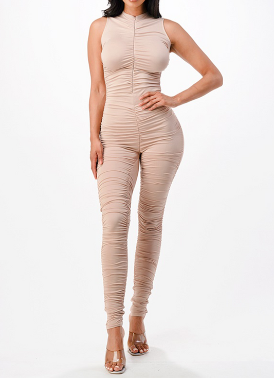 Mock Half Zip Ruching Jumpsuit